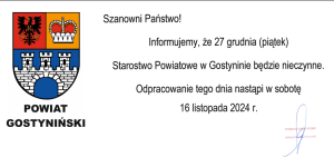 Informacja dotycząca pracy Starostwa Powiatowego w Gostyninie dniu 27 grudnia 2024 roku