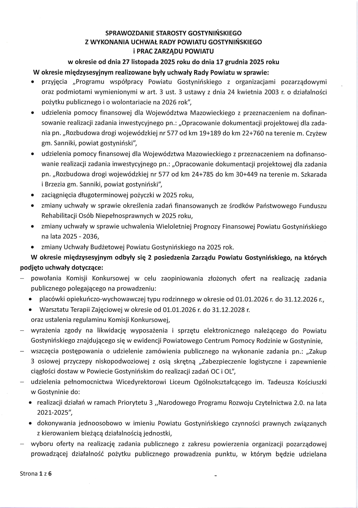 Sprawozdanie Starosty Gostyninskiego od 27.11 do 17.12.2025 r. page 0001