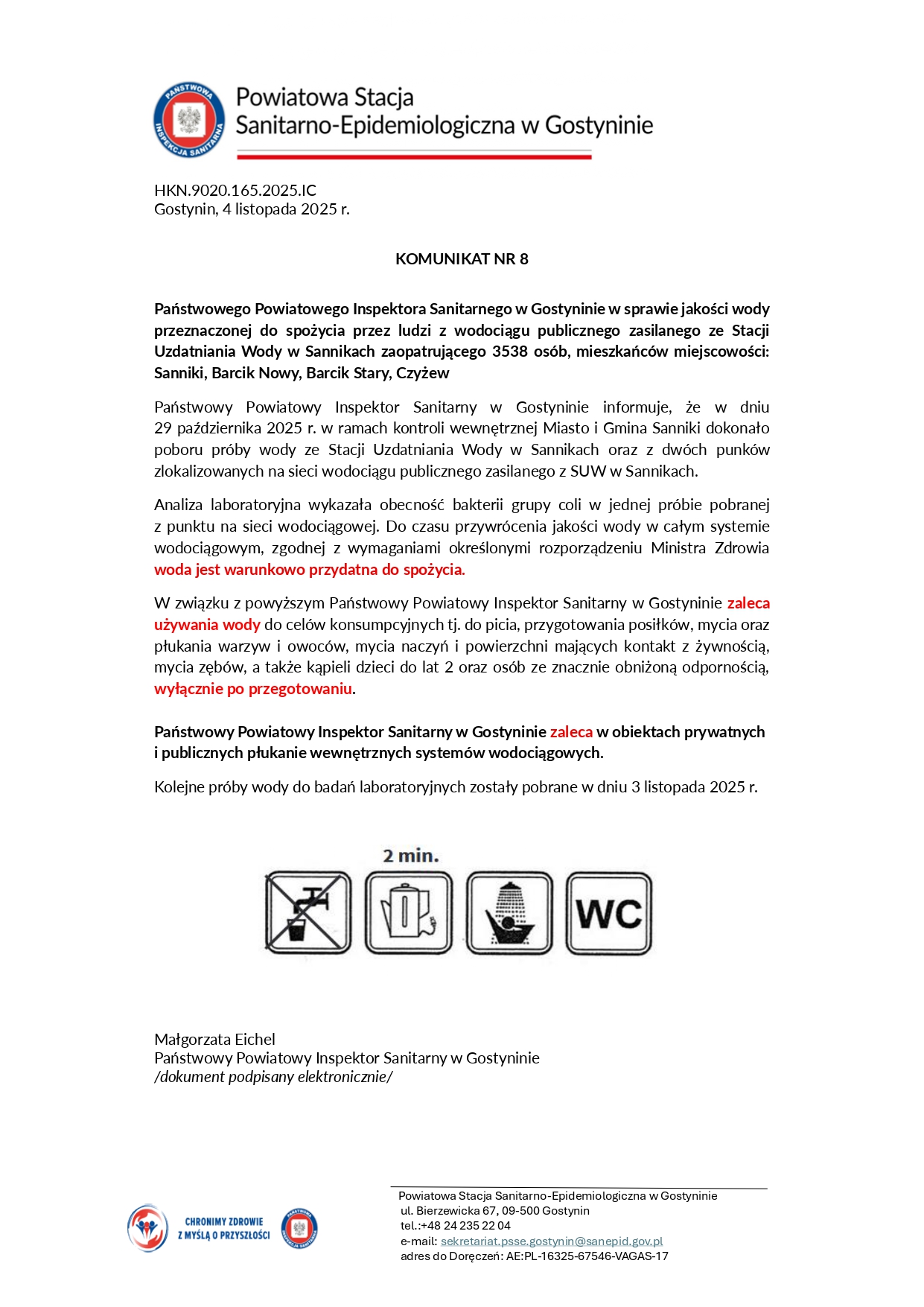 komunikat nr 8 warunkowa przydatnosc wody Sanniki page 0001