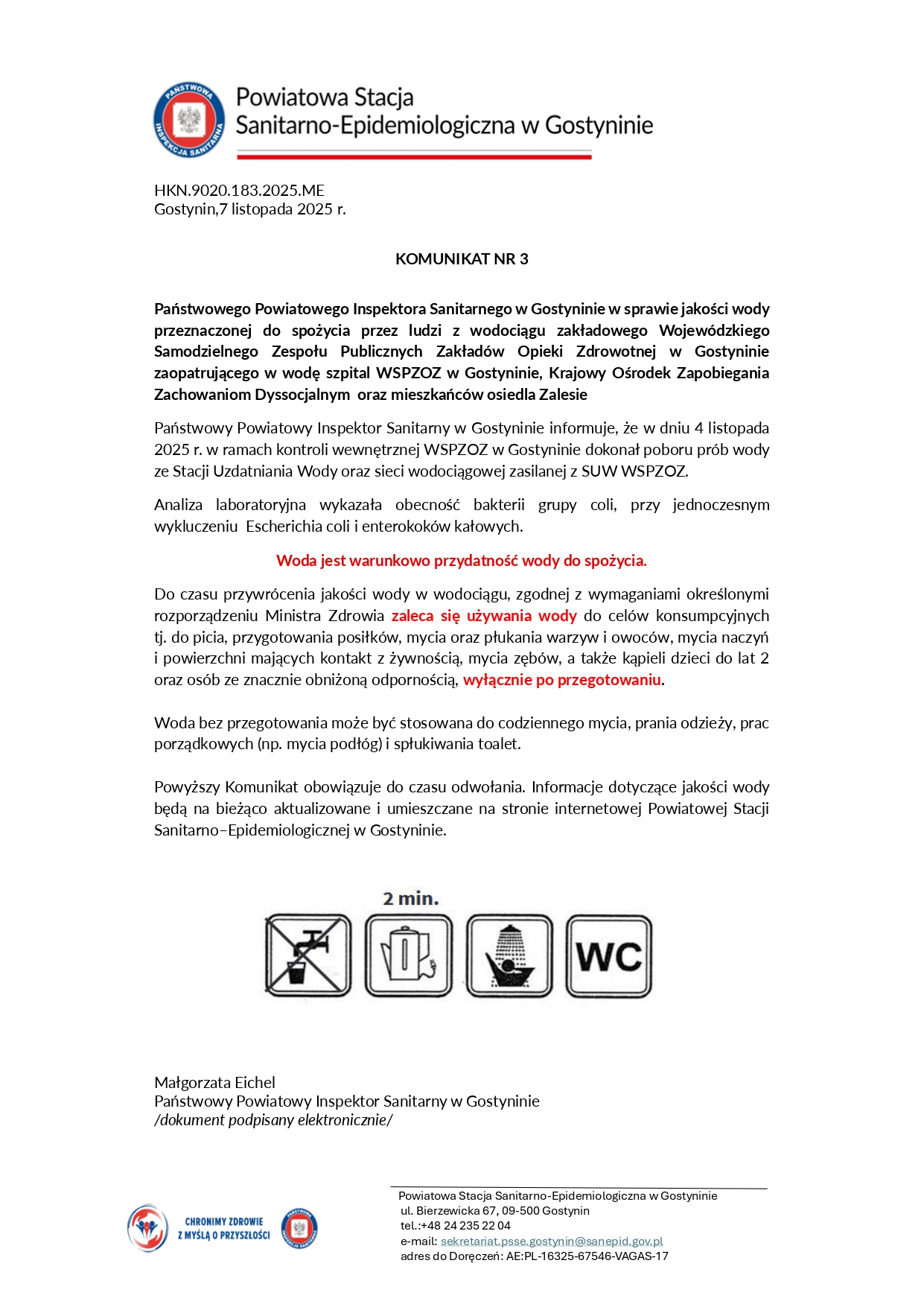 Komunikat nr 3 komunikat nr 3 warunkowa przydatnosc wodociag zakladowy Zalesie page 0001