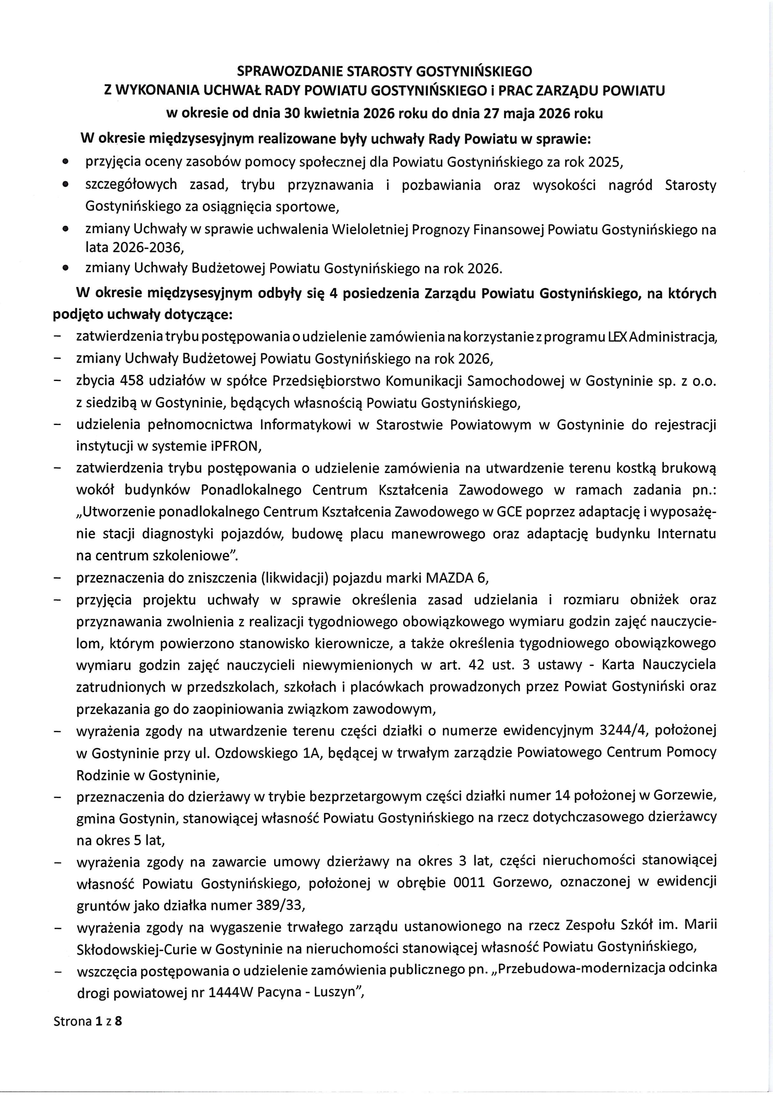 Sprawozdanie Starosty Gostyninskiego z wykonania uchwal Rady Powiatu Gostyninskiego i prac Zarzadu Powiatu w okresie od dnia 30 kwietnia 2026 roku do dnia 27 maja 2026 roku page 0001