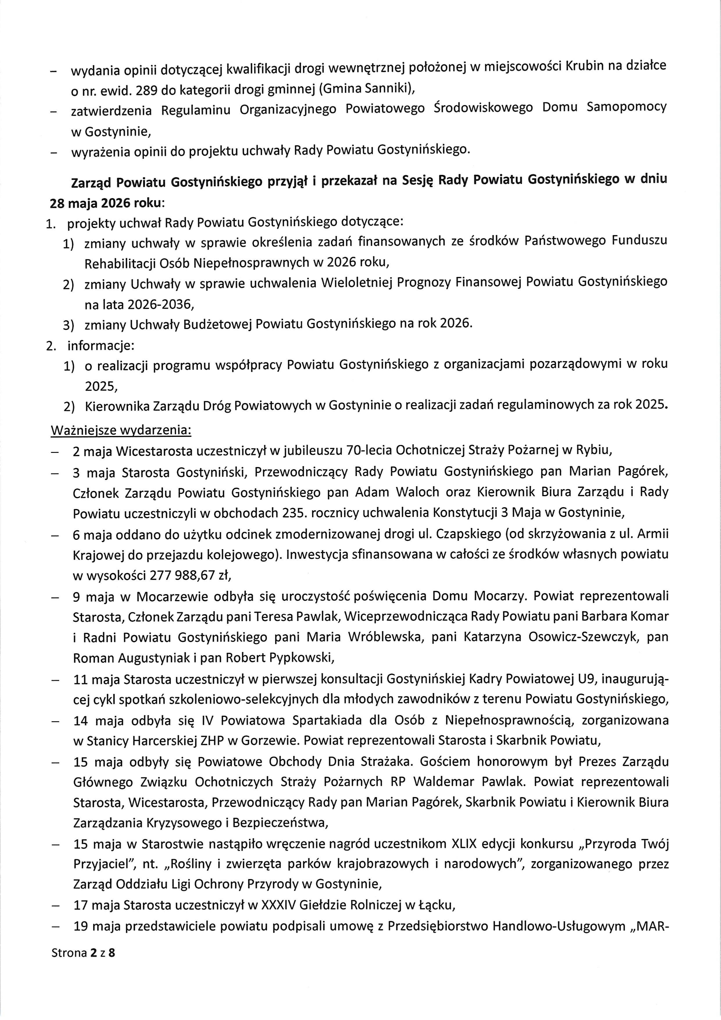 Sprawozdanie Starosty Gostyninskiego z wykonania uchwal Rady Powiatu Gostyninskiego i prac Zarzadu Powiatu w okresie od dnia 30 kwietnia 2026 roku do dnia 27 maja 2026 roku page 0002