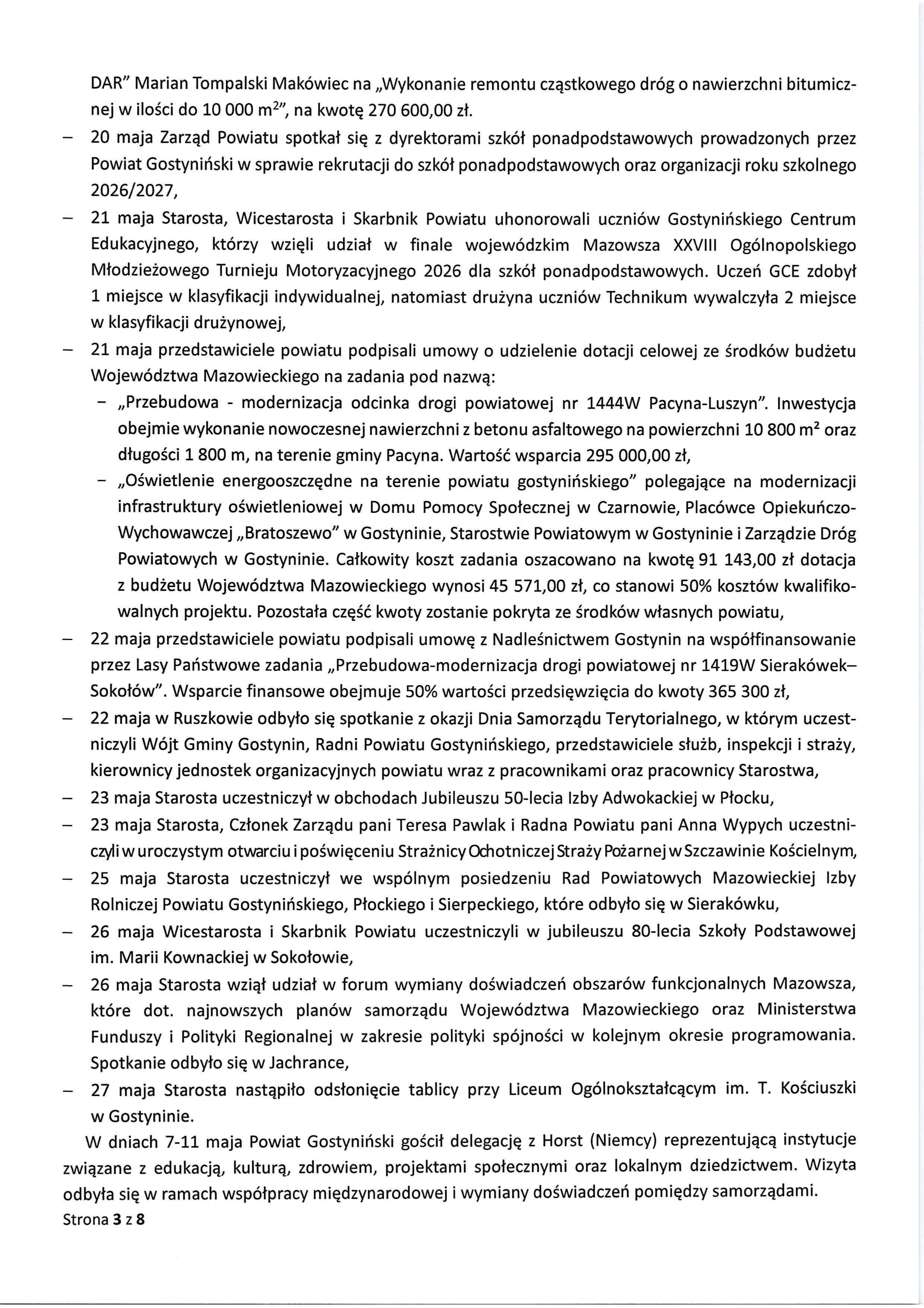 Sprawozdanie Starosty Gostyninskiego z wykonania uchwal Rady Powiatu Gostyninskiego i prac Zarzadu Powiatu w okresie od dnia 30 kwietnia 2026 roku do dnia 27 maja 2026 roku page 0003