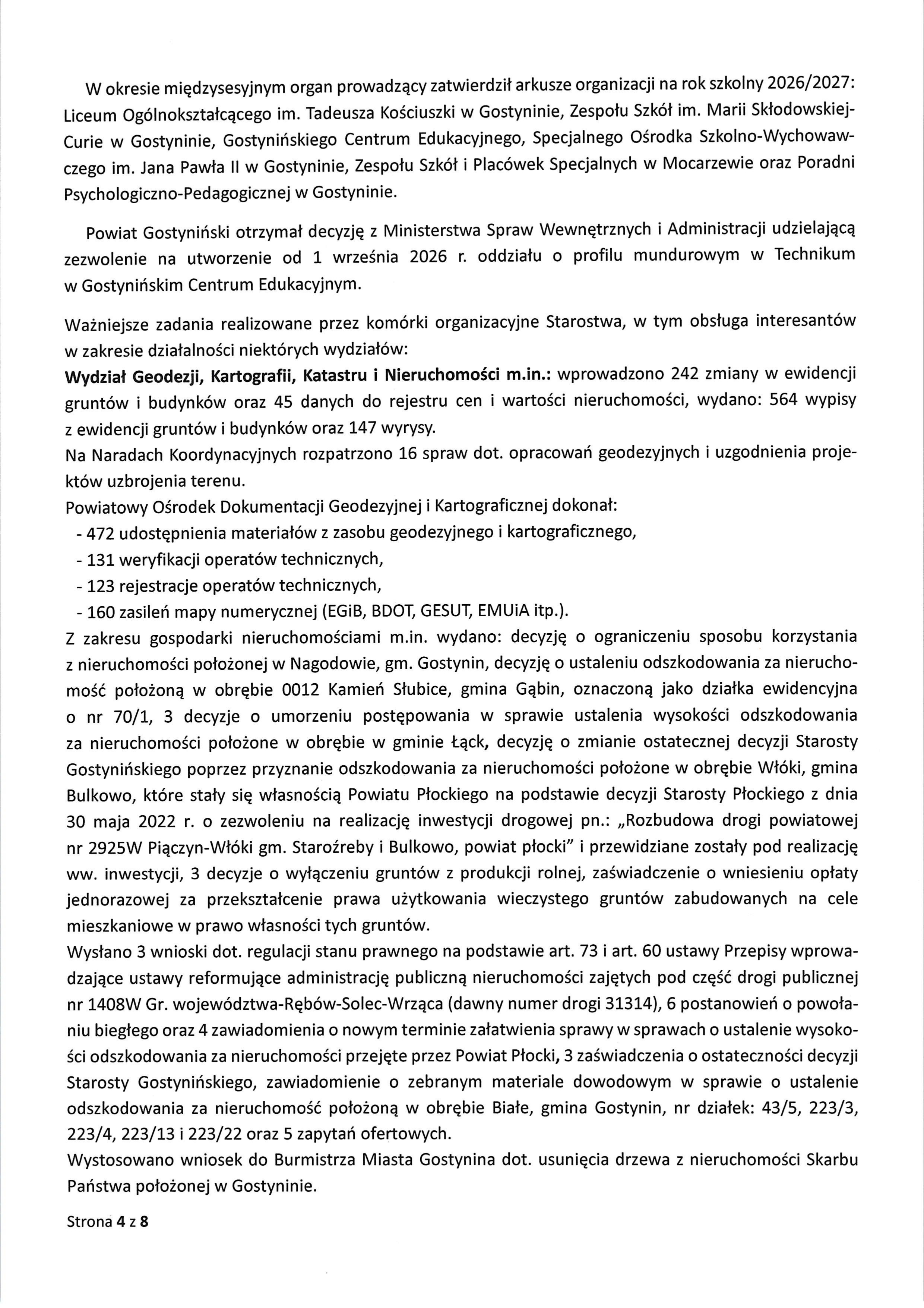 Sprawozdanie Starosty Gostyninskiego z wykonania uchwal Rady Powiatu Gostyninskiego i prac Zarzadu Powiatu w okresie od dnia 30 kwietnia 2026 roku do dnia 27 maja 2026 roku page 0004