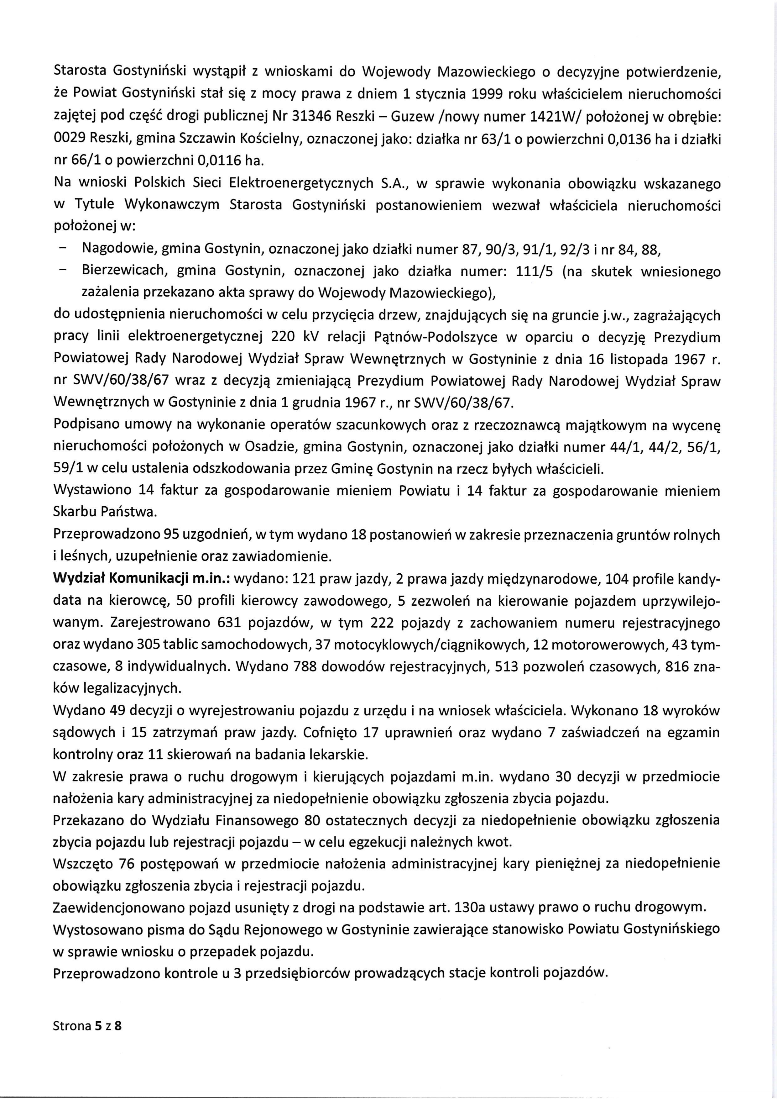 Sprawozdanie Starosty Gostyninskiego z wykonania uchwal Rady Powiatu Gostyninskiego i prac Zarzadu Powiatu w okresie od dnia 30 kwietnia 2026 roku do dnia 27 maja 2026 roku page 0005