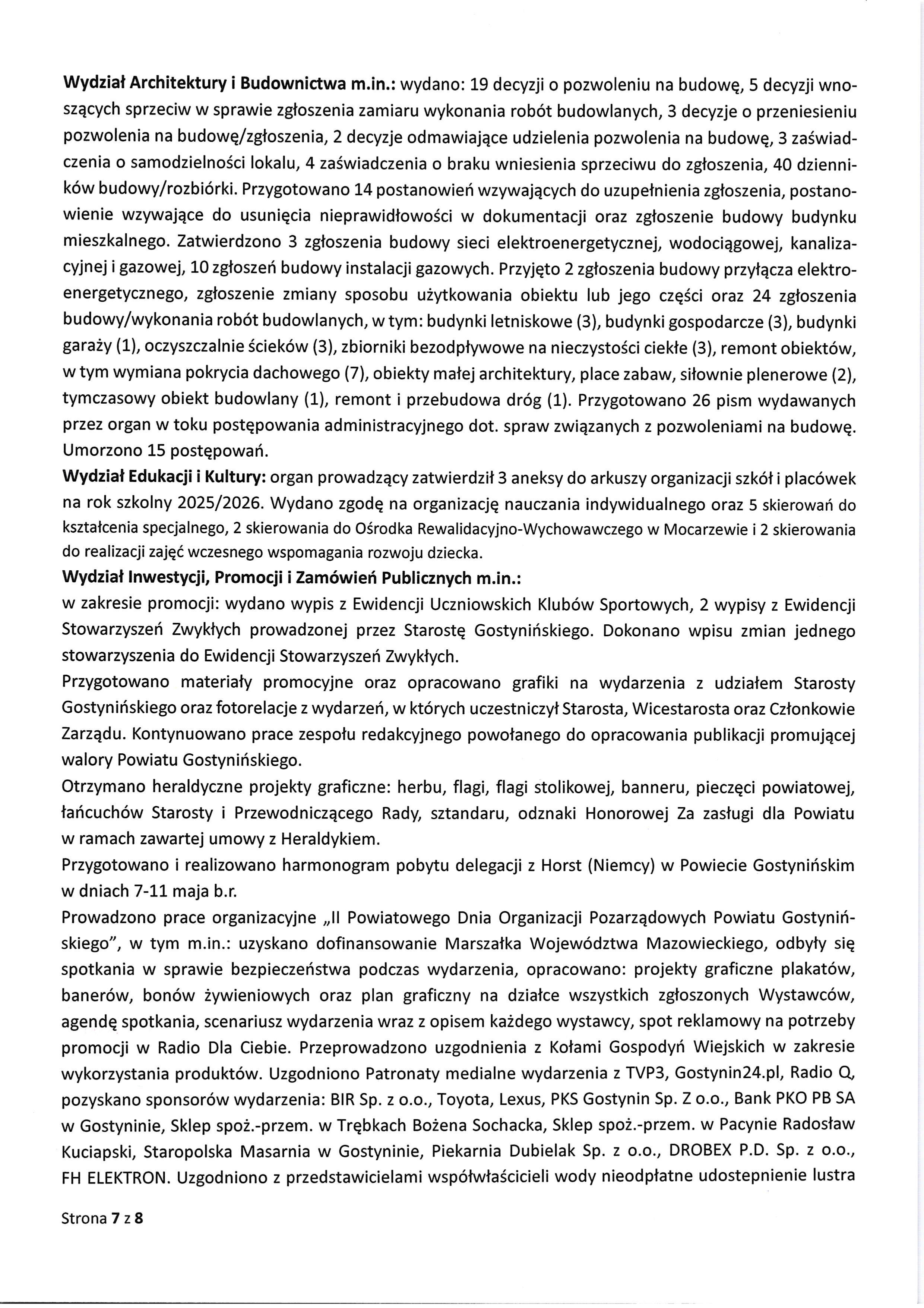 Sprawozdanie Starosty Gostyninskiego z wykonania uchwal Rady Powiatu Gostyninskiego i prac Zarzadu Powiatu w okresie od dnia 30 kwietnia 2026 roku do dnia 27 maja 2026 roku page 0007