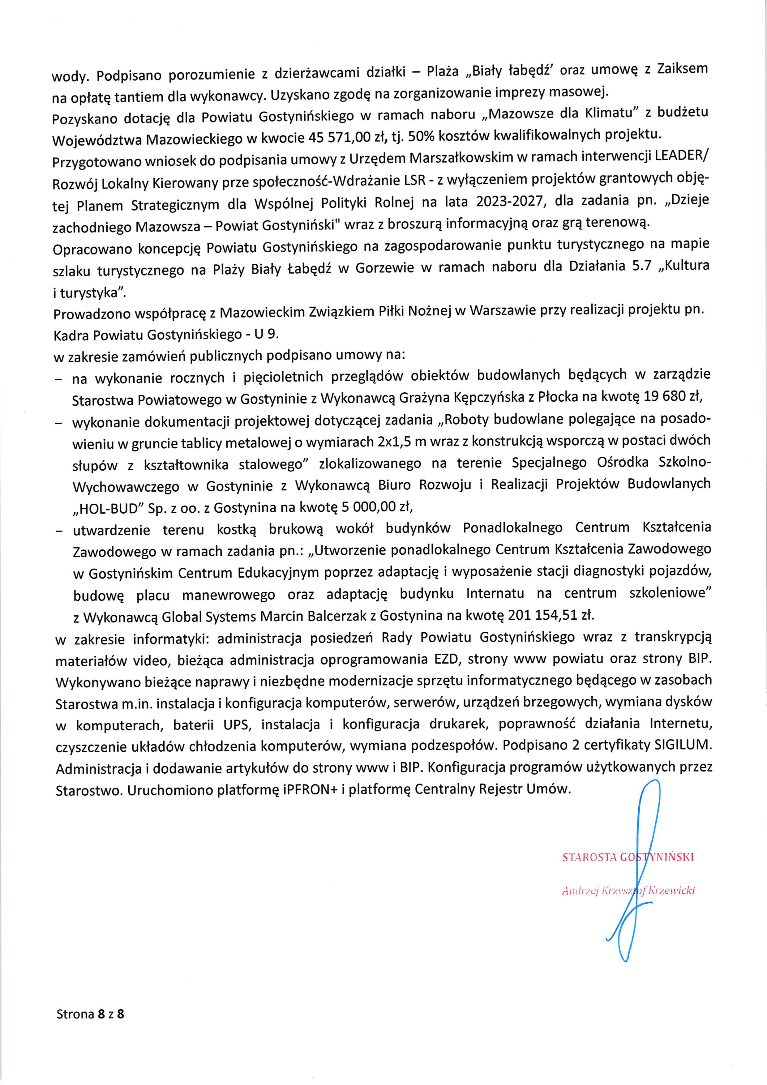 Sprawozdanie Starosty Gostyninskiego z wykonania uchwal Rady Powiatu Gostyninskiego i prac Zarzadu Powiatu w okresie od dnia 30 kwietnia 2026 roku do dnia 27 maja 2026 roku page 0008