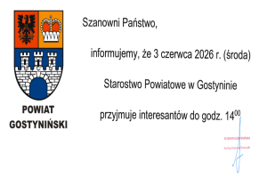 Informacja o godzinach pracy Starostwa Powiatowego w Gostyninie w dniu 3 czerwca 2026 roku